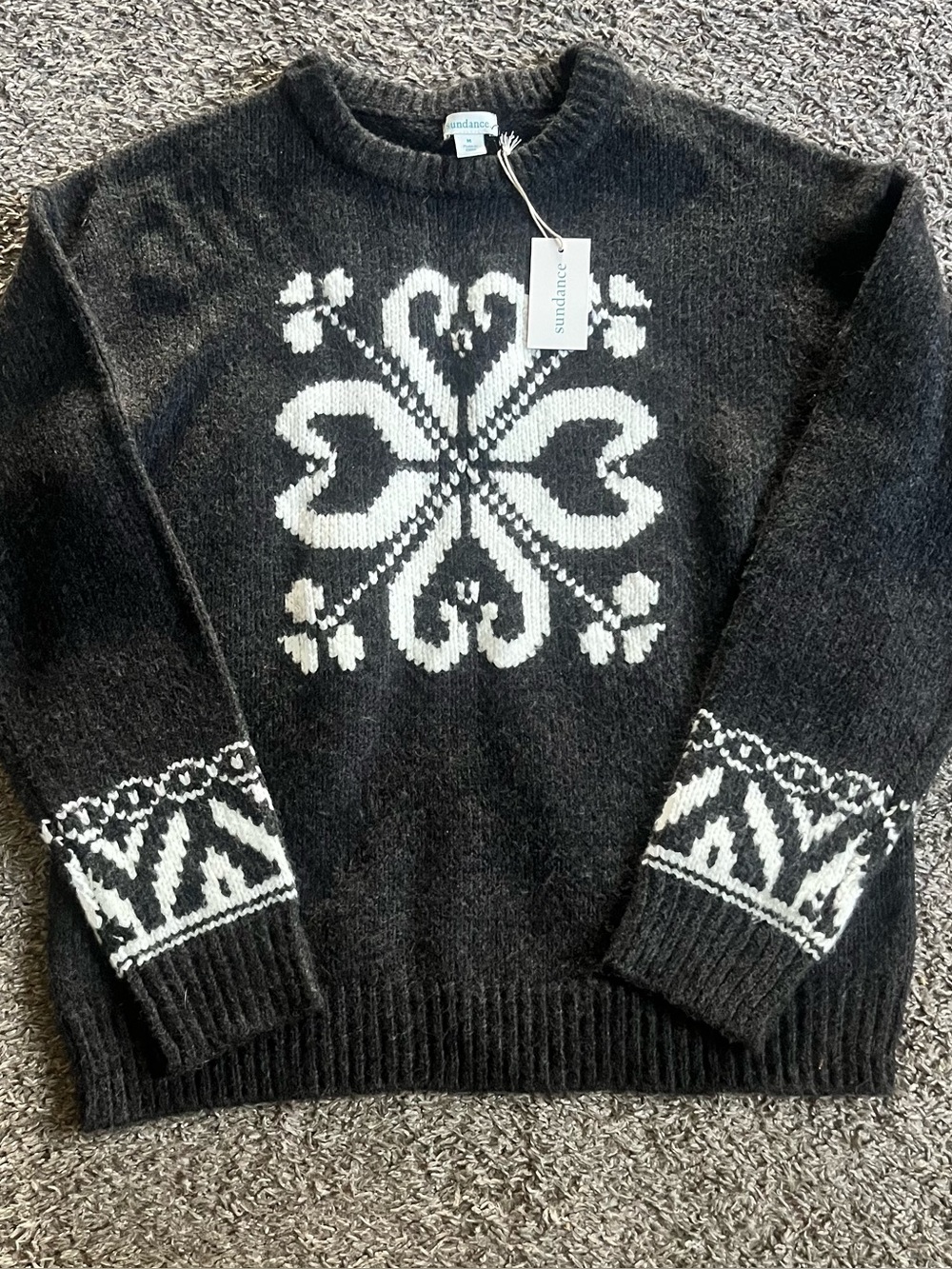 Sundance Catalog Charcoal Gray White Knit Sweater Aprés Ski Alpine Chic Cozy